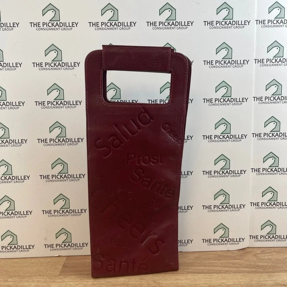 Burgundy Leather Wine Bottle Carrier Embossed Multilingual Cheers Bag Toast